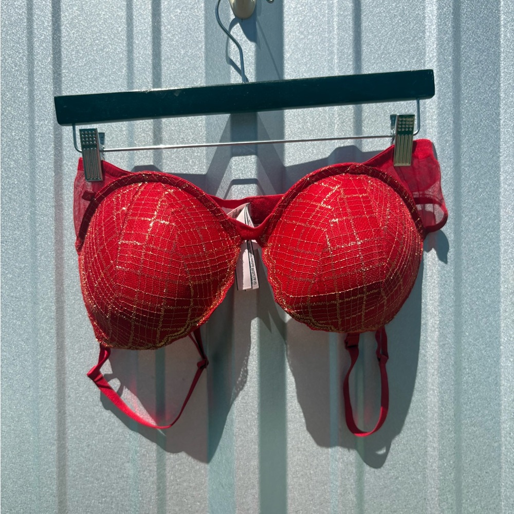 Victoria's Secret Red Push-Up Bra with Gold Lattice Detail